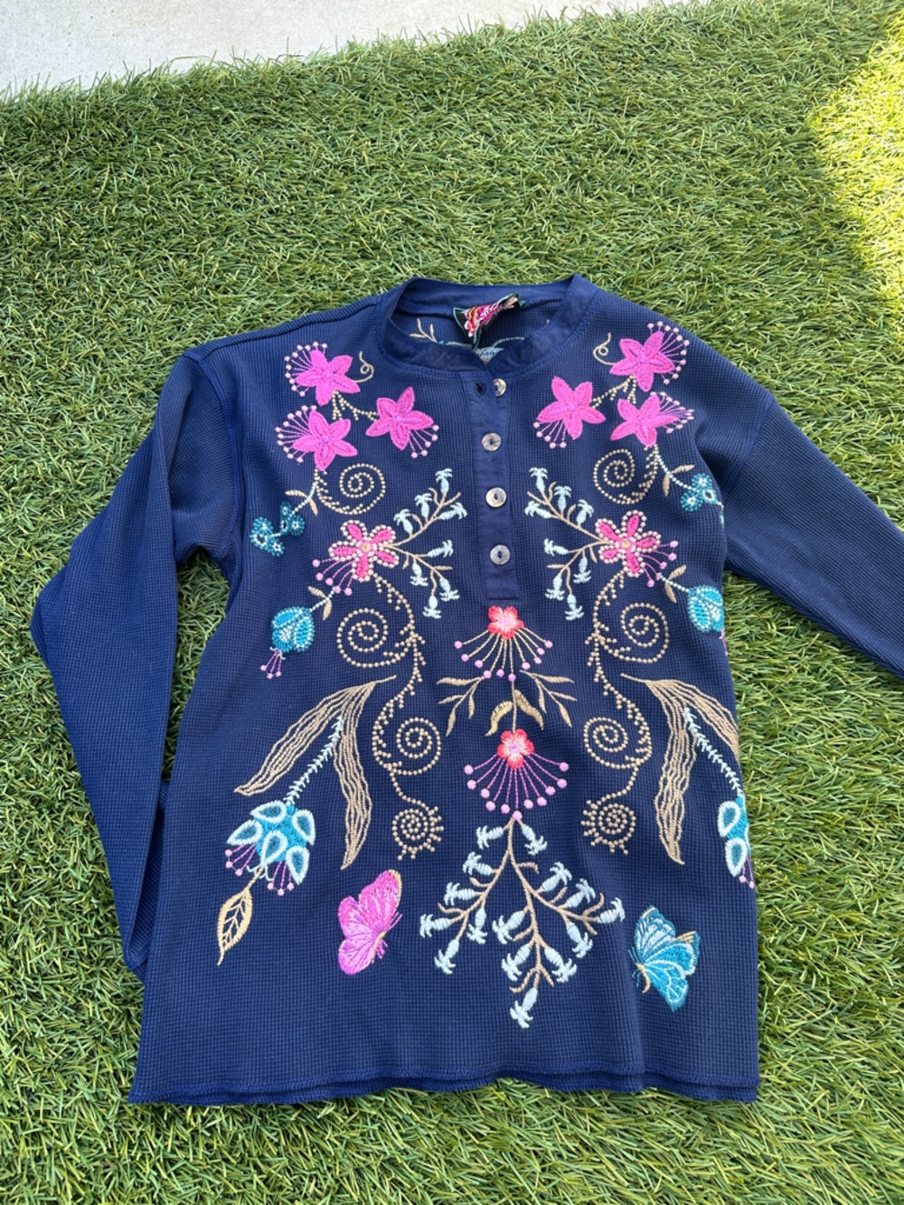 Johnny Was Navy Long Sleeve Tee with Pink & Turquoise Floral Embroidery